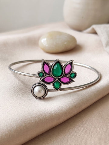 KARATCART Oxidised Silver Plated Multicolor Lotus and Pearl Open Cuff Bracelet for Women