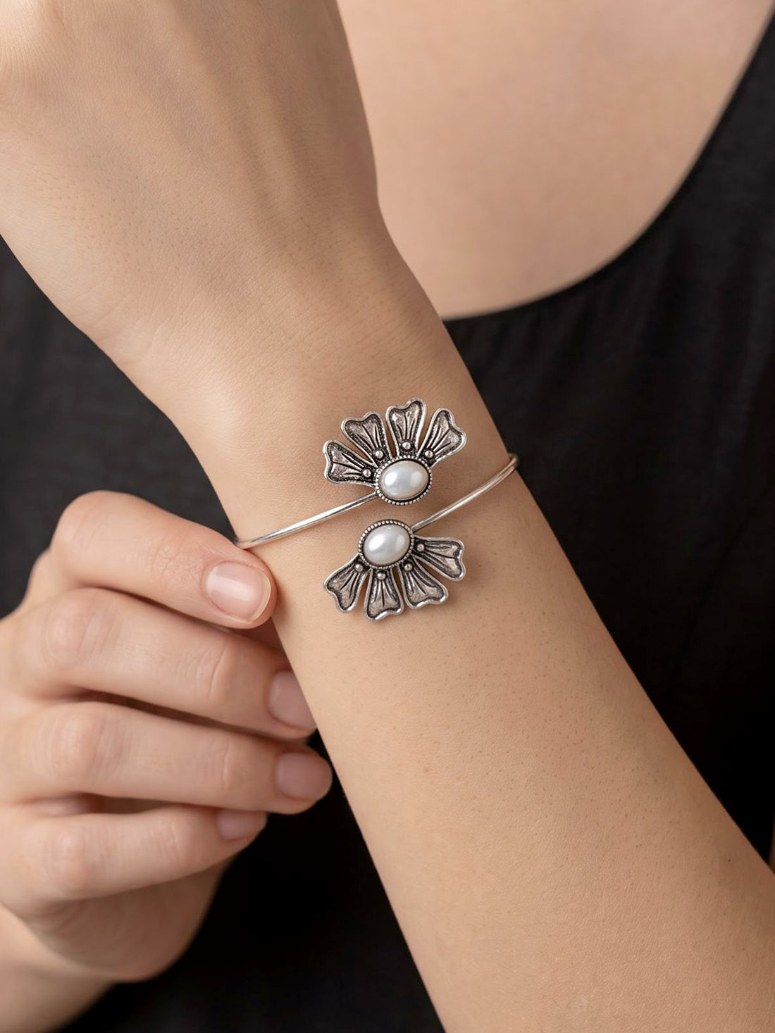 KARATCART Oxidised Silver & White Pearl Floral Design Open Cuff Bracelet for Women