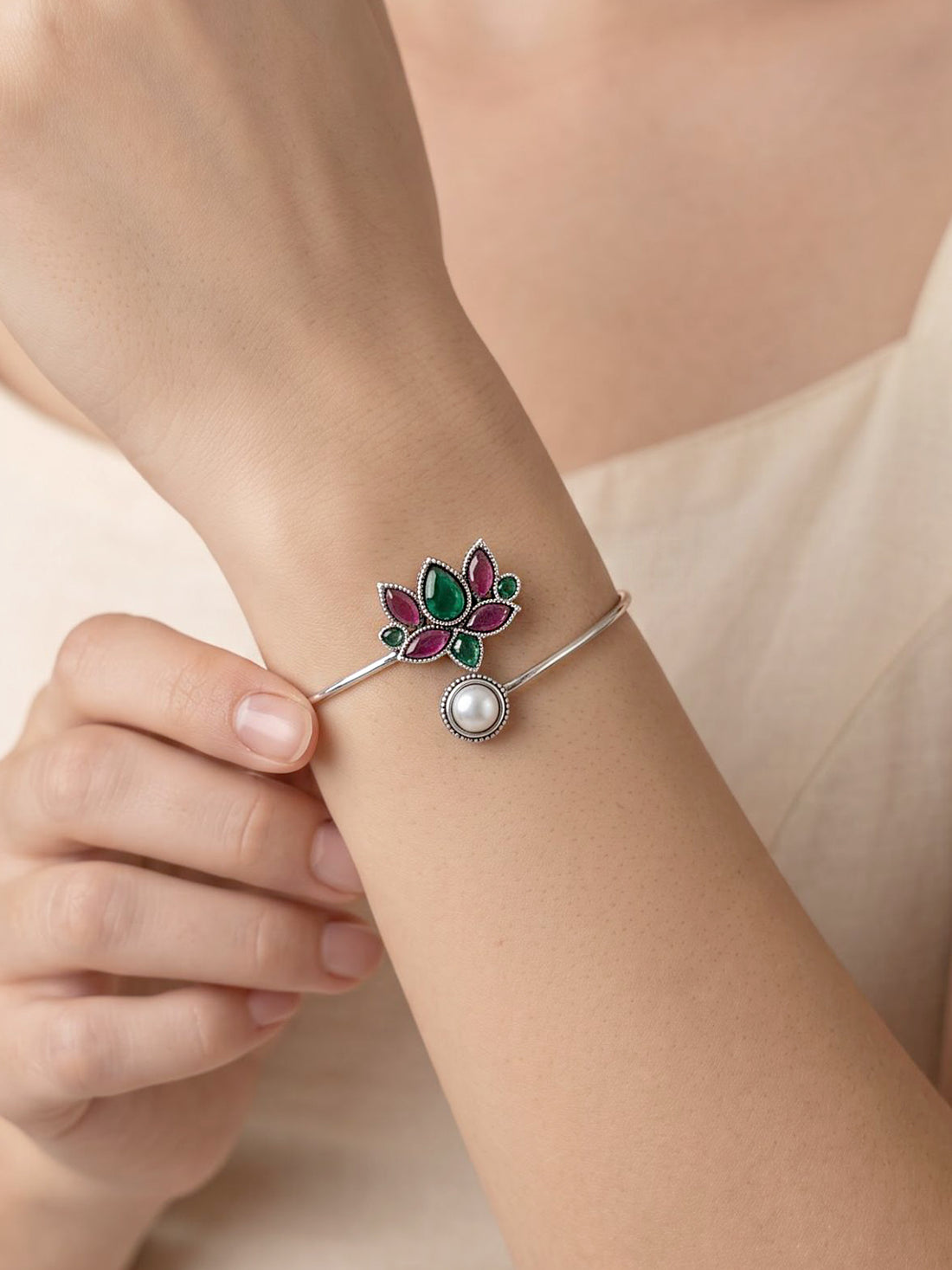 KARATCART Oxidised Silver Plated Multicolor Lotus and Pearl Open Cuff Bracelet for Women
