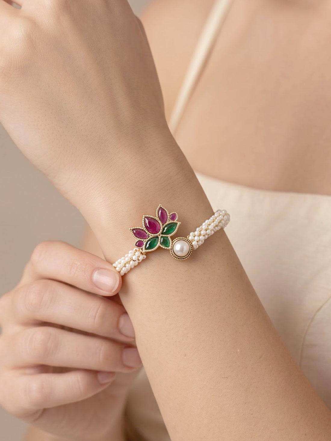 KARATCART Gold-Plated Multicolor Lotus and Pearl Beaded Open Cuff Bracelet for Women