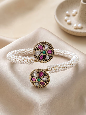 KARATCART Gold-Plated Multicolor Flower and Pearl Beaded Open Cuff Bracelet for Women