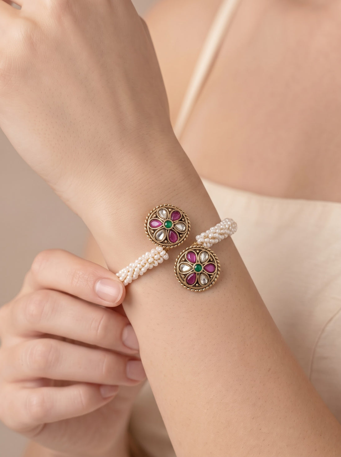 KARATCART Gold-Plated Multicolor Flower and Pearl Beaded Open Cuff Bracelet for Women