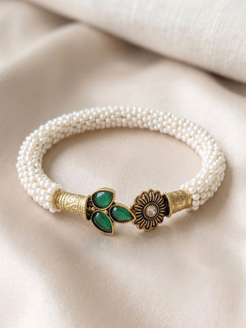 KARATCART Gold-Plated Green Leaf and Pearl Beaded Open Cuff Bracelet for Women