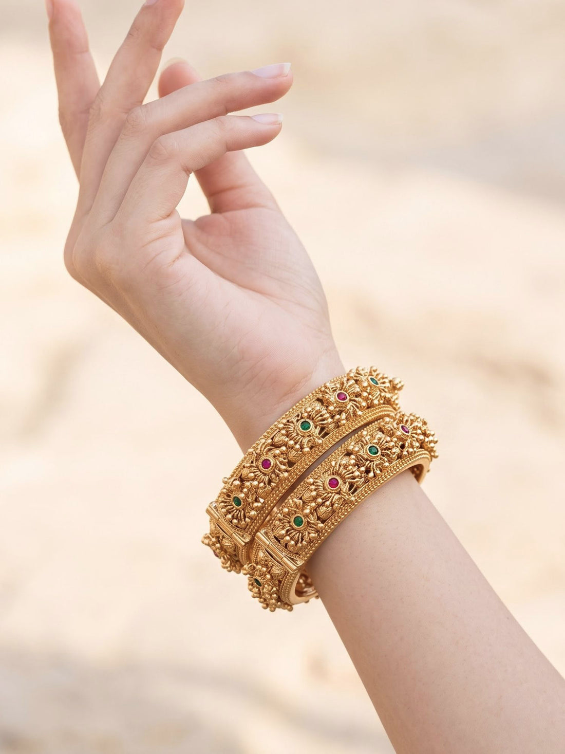 KARATCART Premium Gold-Plated Floral Rajwadi Red & Green Stone Bridal Bangles for Women