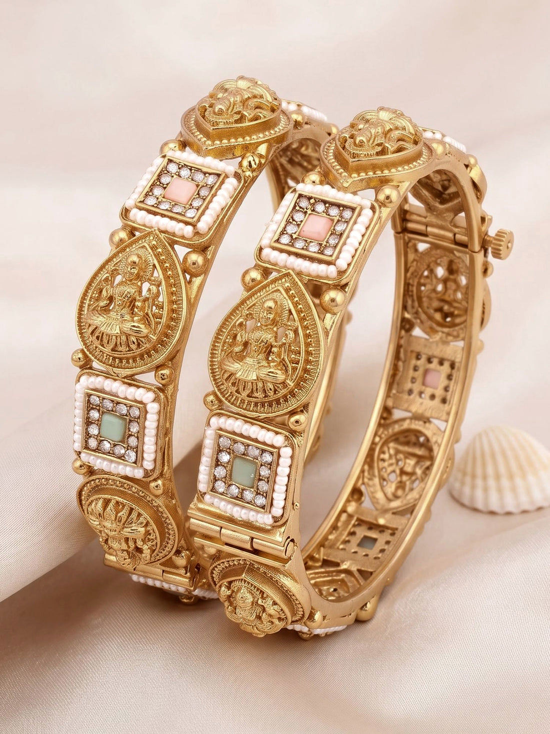 KARATCART Premium Gold-Plated Mata Lakshmi Pink & Green Stone Temple Bangles for Women