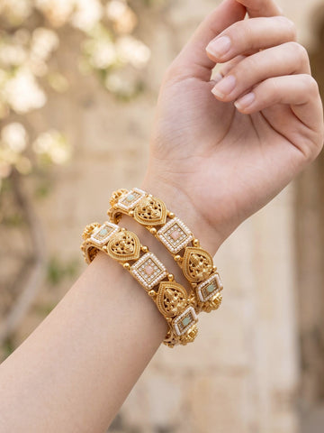 KARATCART Premium Gold-Plated Mata Lakshmi Pink & Green Stone Temple Bangles for Women