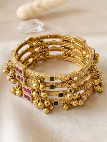 KARATCART Premium Gold-Plated Red & Green Stone Studded Hanging Designer Bangles for Women