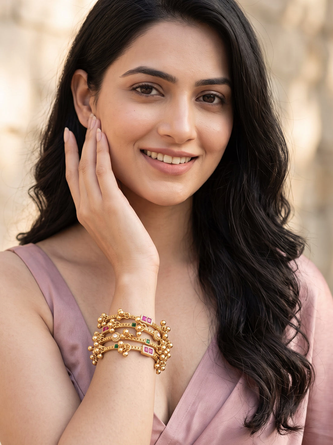 KARATCART Premium Gold-Plated Red & Green Stone Studded Hanging Designer Bangles for Women