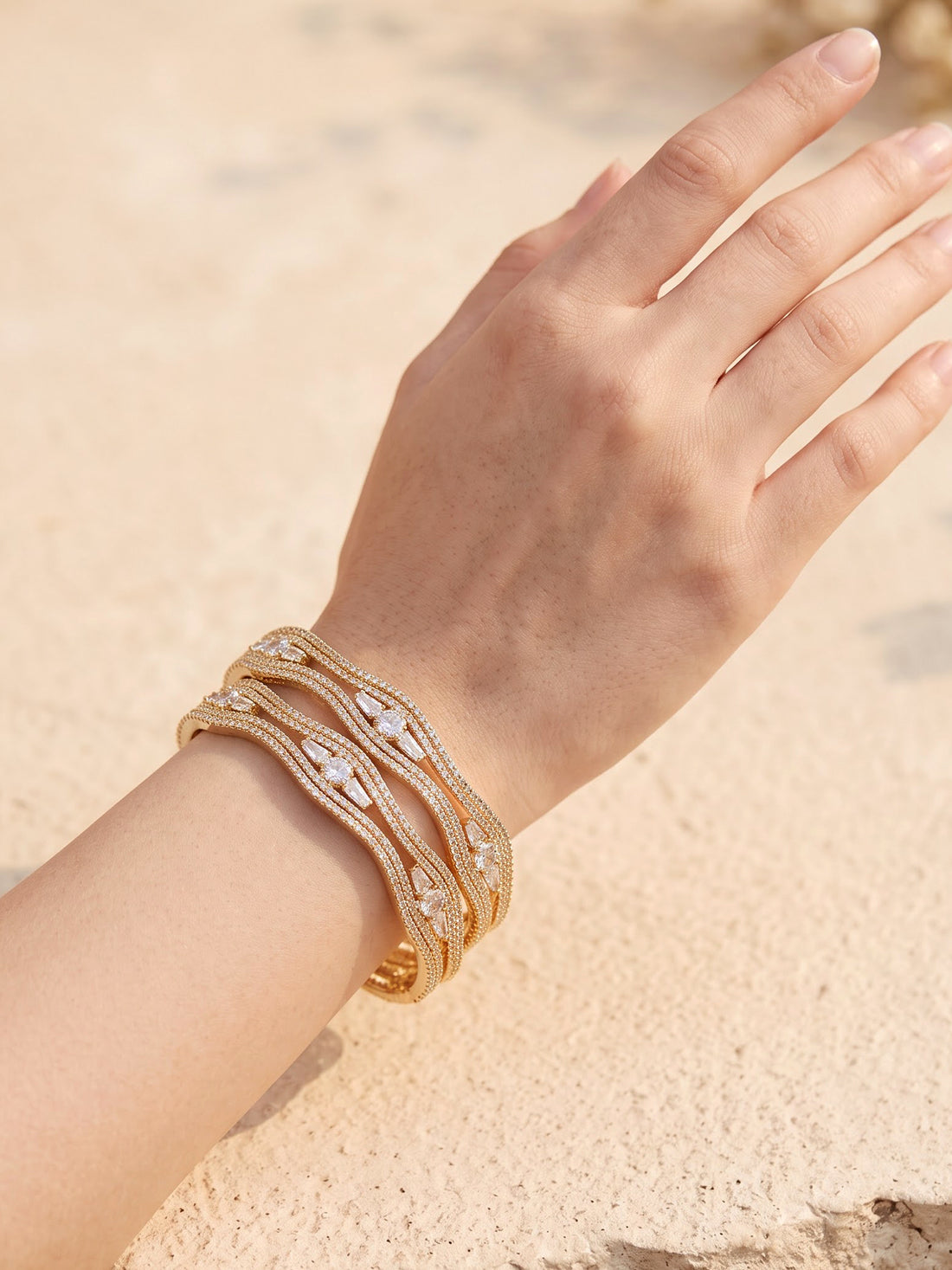KARATCART Premium Gold-Plated White American Diamond Studded Designer Bangles for Women
