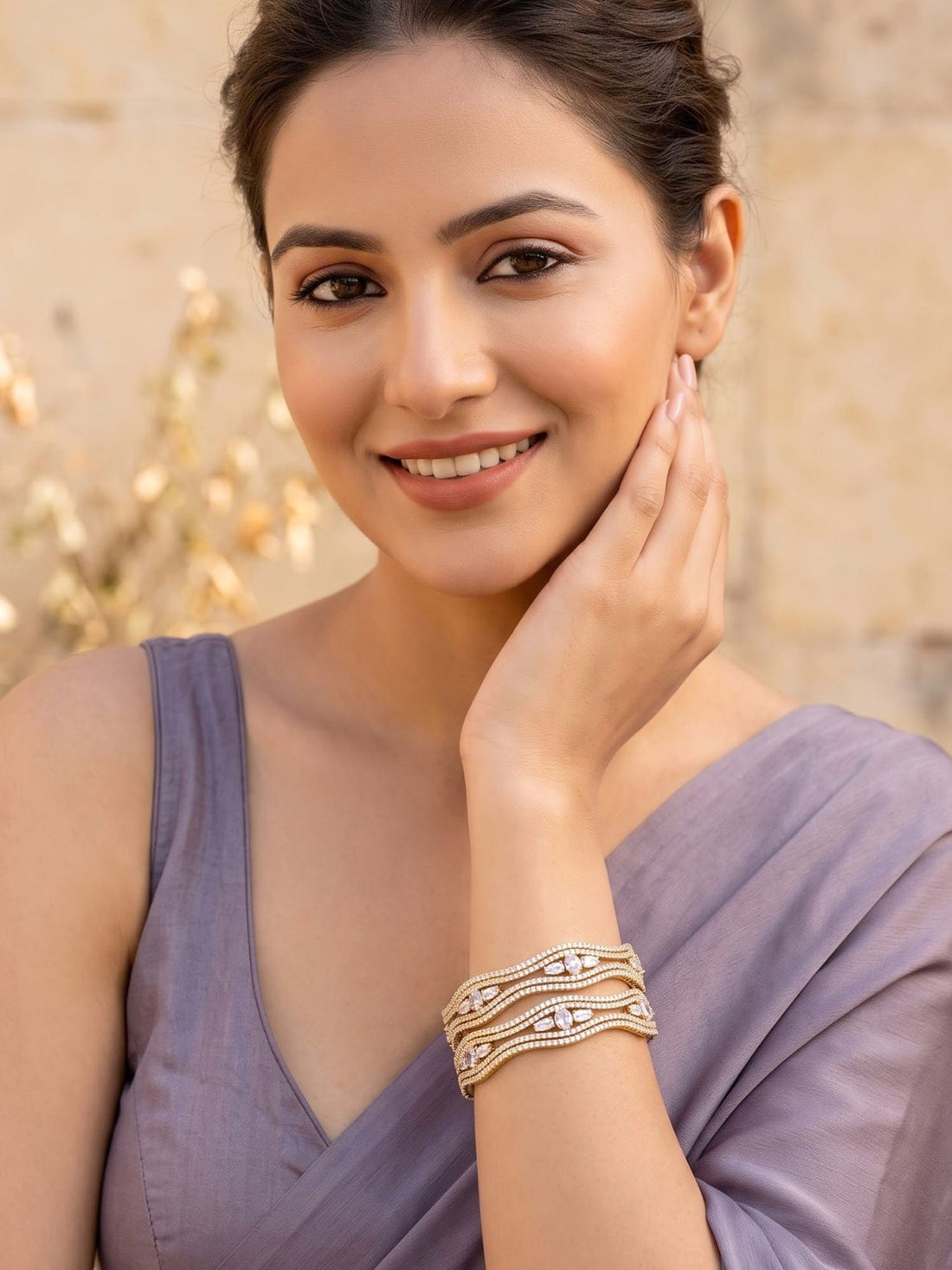 KARATCART Premium Gold-Plated White American Diamond Studded Designer Bangles for Women