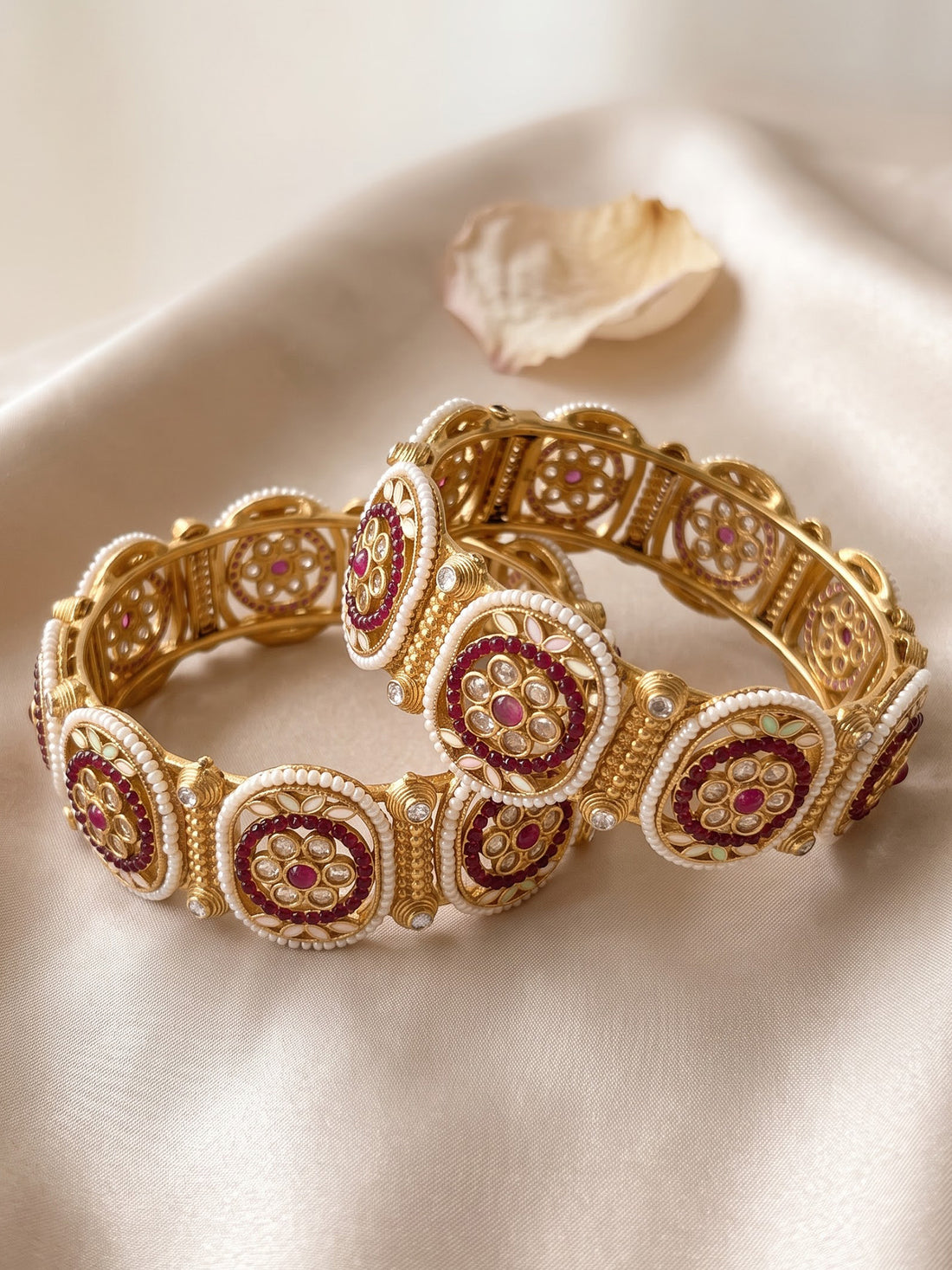 KARATCART Royal Gold-Plated Red Stone Pearl Studded Floral Bridal Bangles for Women
