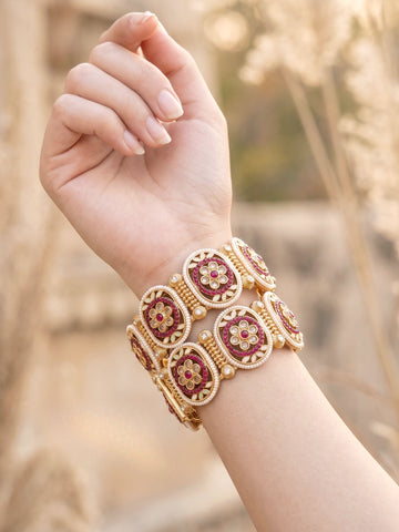 KARATCART Royal Gold-Plated Red Stone Pearl Studded Floral Bridal Bangles for Women
