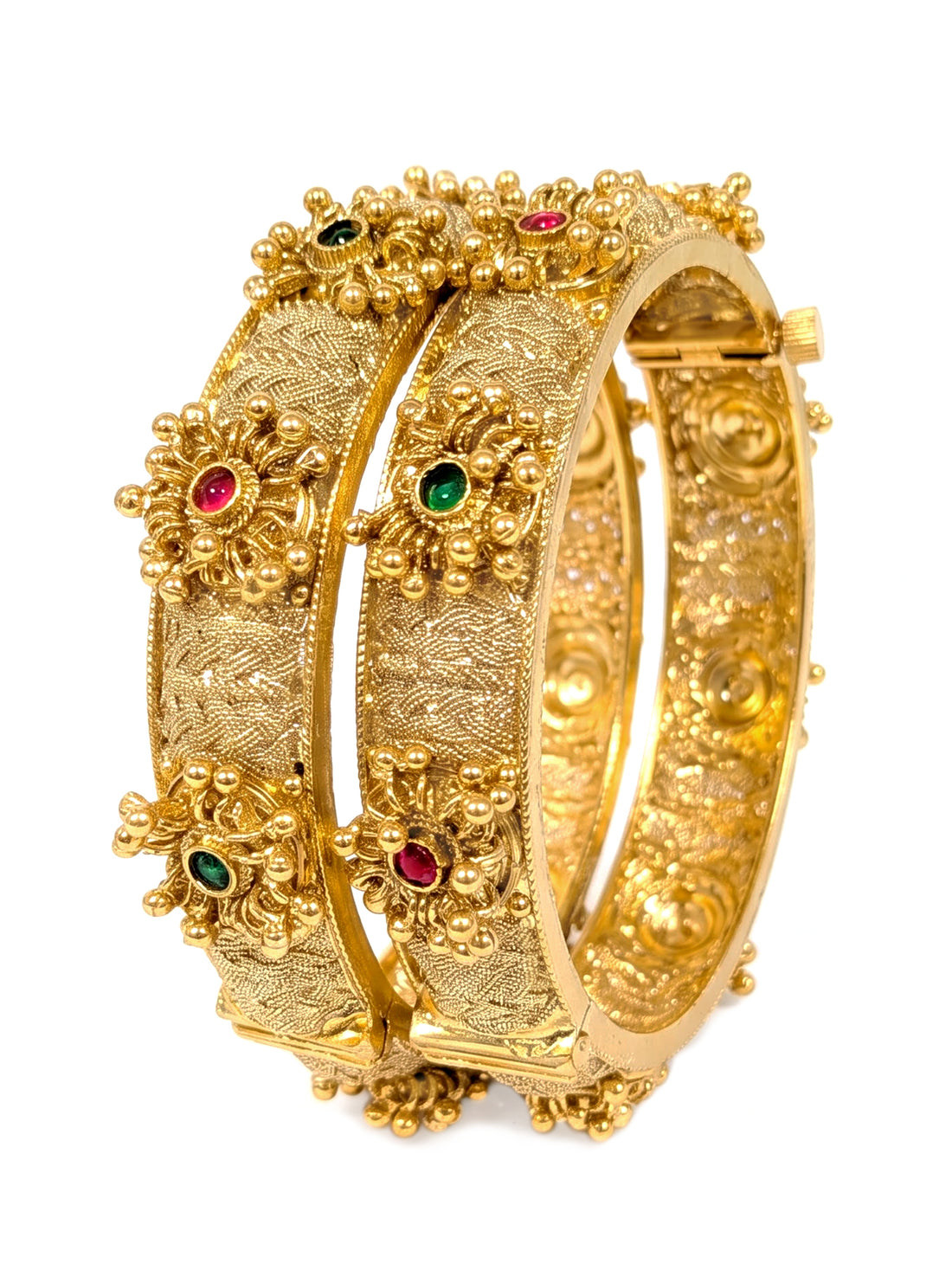 KARATCART Premium Gold-Plated Rajwadi Floral Red & Green Stone Bridal Bangles for Women