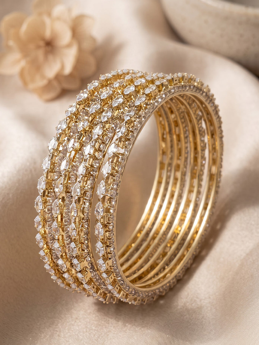 KARATCART Set of 4 Premium Gold-Plated American Diamond Bridal Bangles for Women