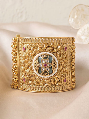 KARATCART Royal Gold-Plated Green Floral Kundan Style Filigree Cuff Bracelet for Women