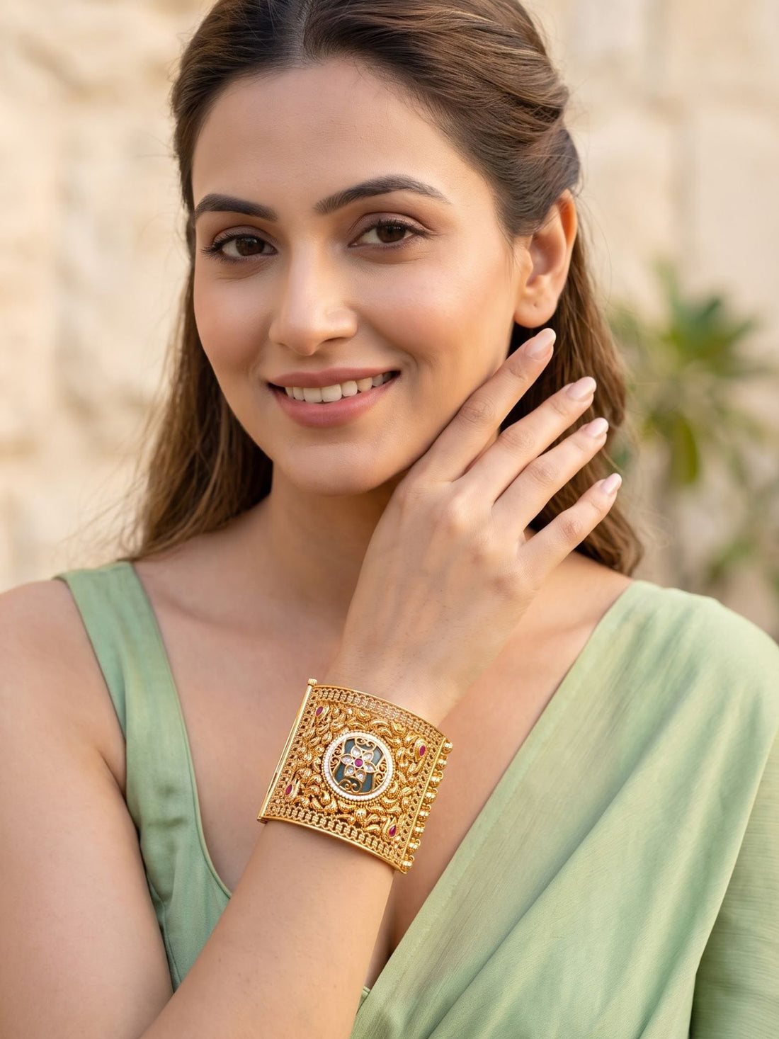 KARATCART Royal Gold-Plated Green Floral Kundan Style Filigree Cuff Bracelet for Women