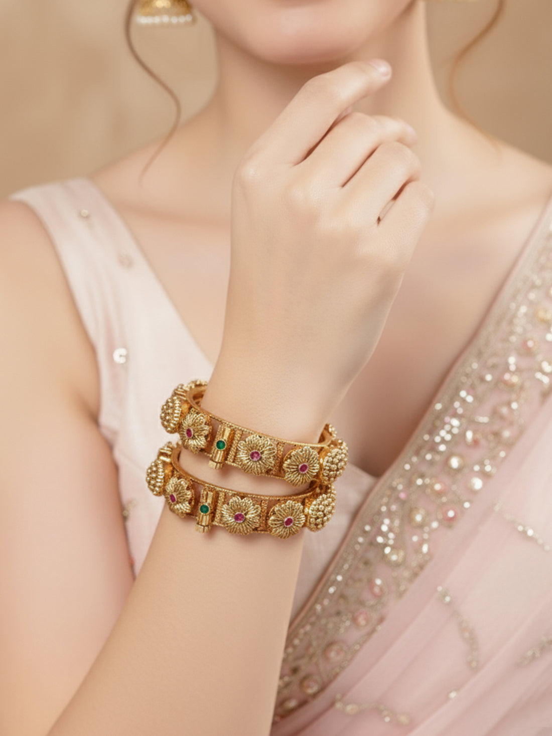Traditional Gold-Plated Floral Design Jadau Bangles