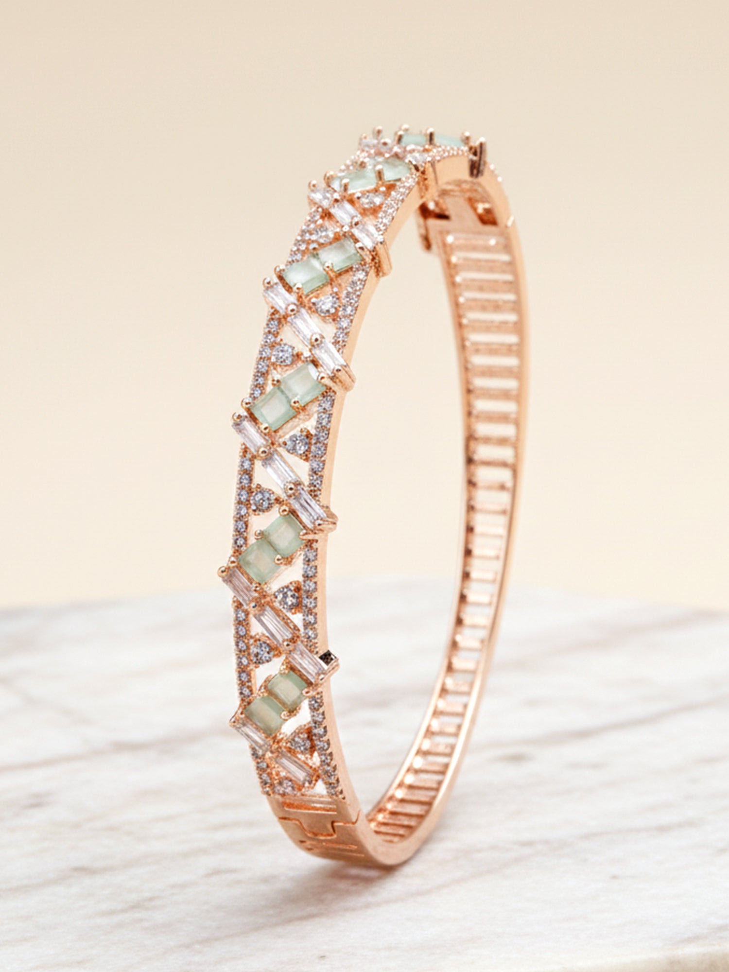 Karatcart Rose Gold Plated Light Green CZ and American Diamond Studded Bracelet for Women