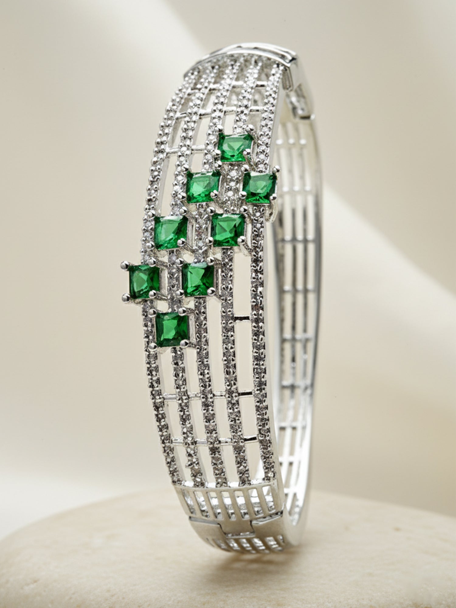 Karatcart Silver Tone Green CZ and American Diamond Studded Bracelet for Women