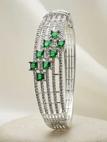 Karatcart Silver Tone Green CZ and American Diamond Studded Bracelet for Women