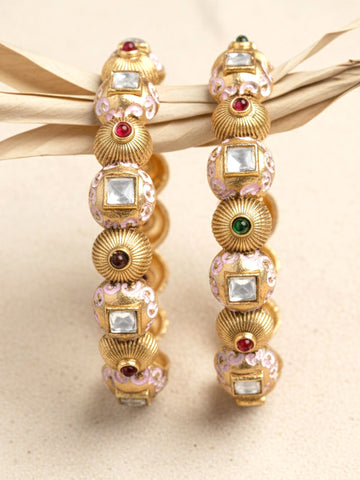 Karatcart Pink Meena Gold Plated Bangle Set for Women