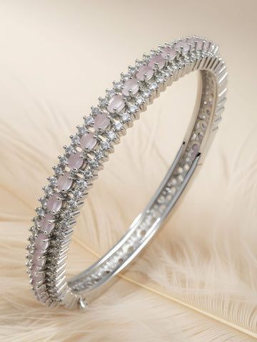 Karatcart Silver Tone Pink American Diamond Studded Bracelet for Women