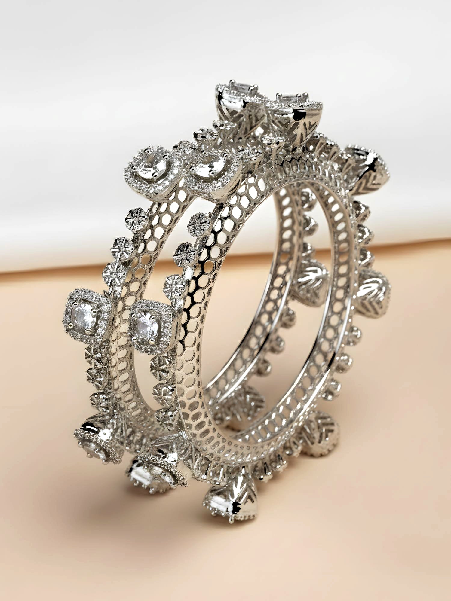 Karatcart Cubic Zirconia Studded Set of 2 Silver-Plated Bangles for Women