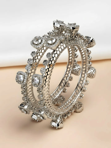 Karatcart Cubic Zirconia Studded Set of 2 Silver-Plated Bangles for Women