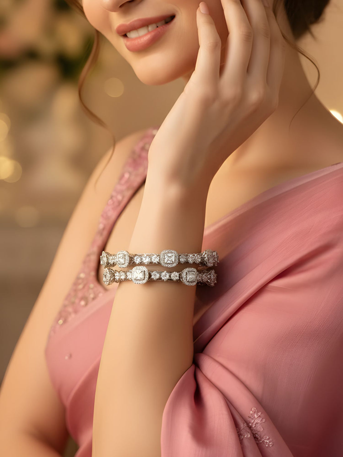 Karatcart Cubic Zirconia Studded Set of 2 Silver-Plated Bangles for Women