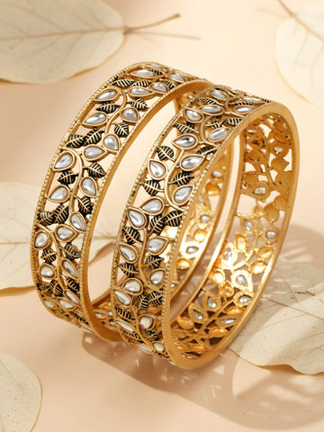 Karatcart Antique Gold Plated Leaf Design Rajwadi Temple Bangle Set for Women