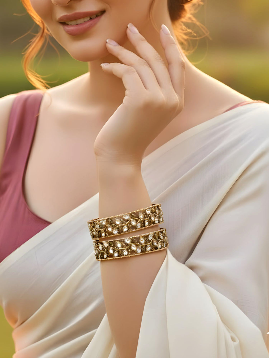 Karatcart Antique Gold Plated Leaf Design Rajwadi Temple Bangle Set for Women