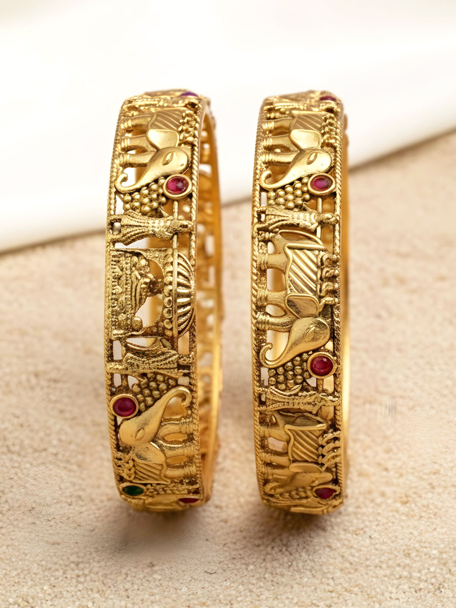 Karatcart Set of 2 Antique Gold Plated Rajwadi Temple Bangles for Women