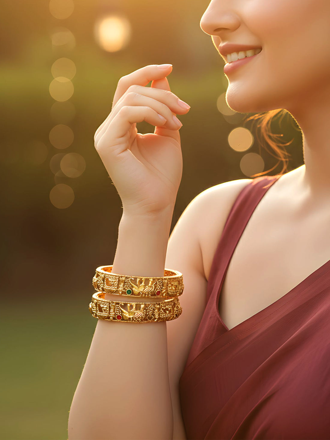 Karatcart Set of 2 Antique Gold Plated Rajwadi Temple Bangles for Women