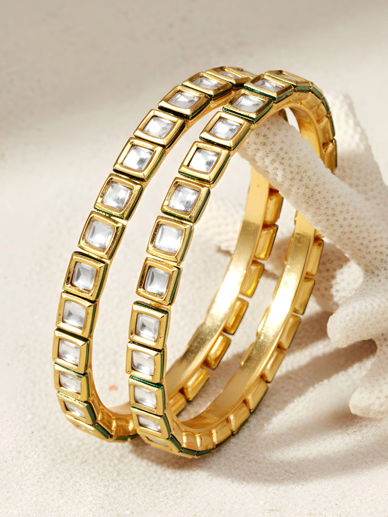 Karatcart Set of 2 Kundan Antique Gold Plated Rajwadi Bangles for Women