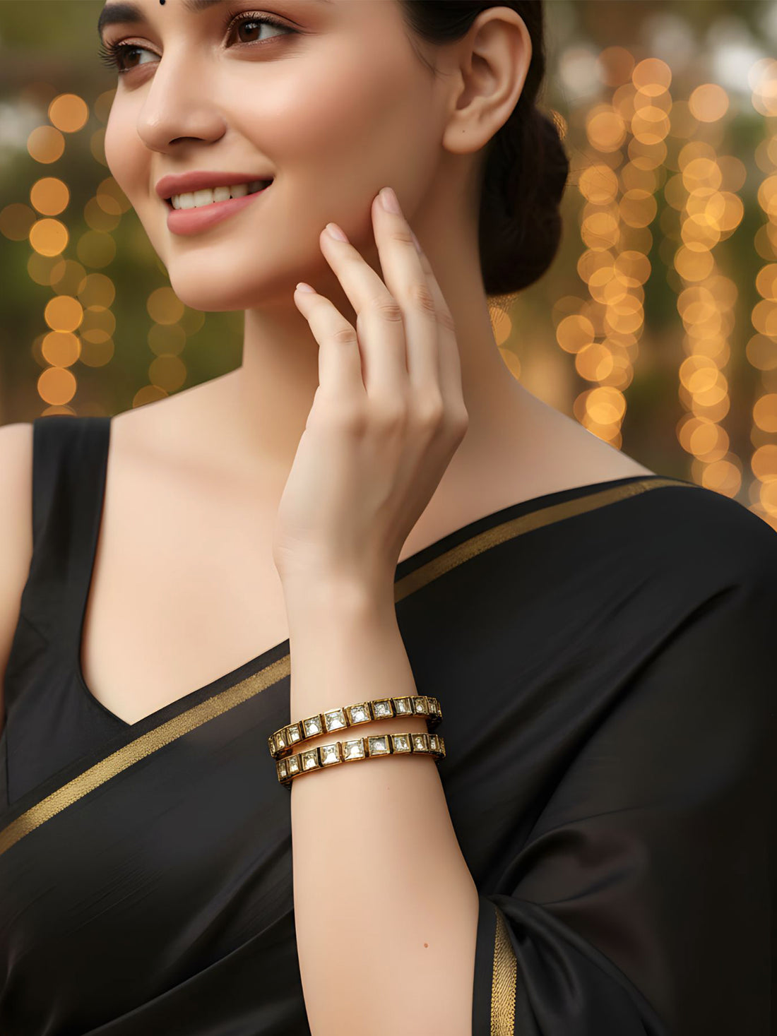 Karatcart Set of 2 Kundan Antique Gold Plated Rajwadi Bangles for Women