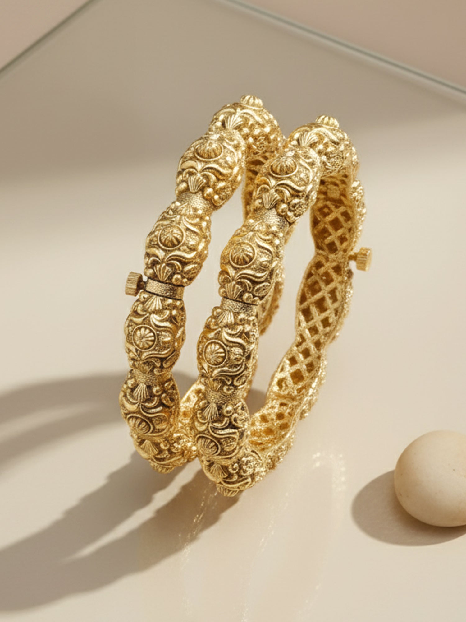 Karatcart Set of 2 Rajwadi Antique Gold Plated Temple Bangles for Women