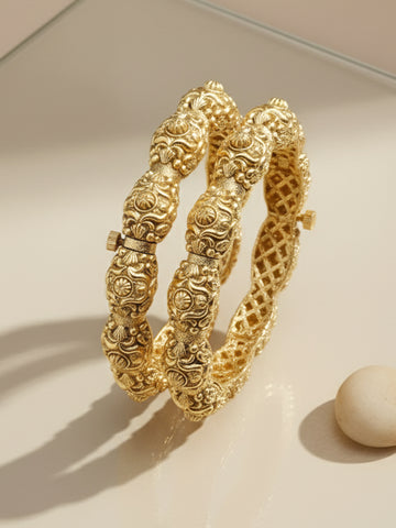 Karatcart Set of 2 Rajwadi Antique Gold Plated Temple Bangles for Women