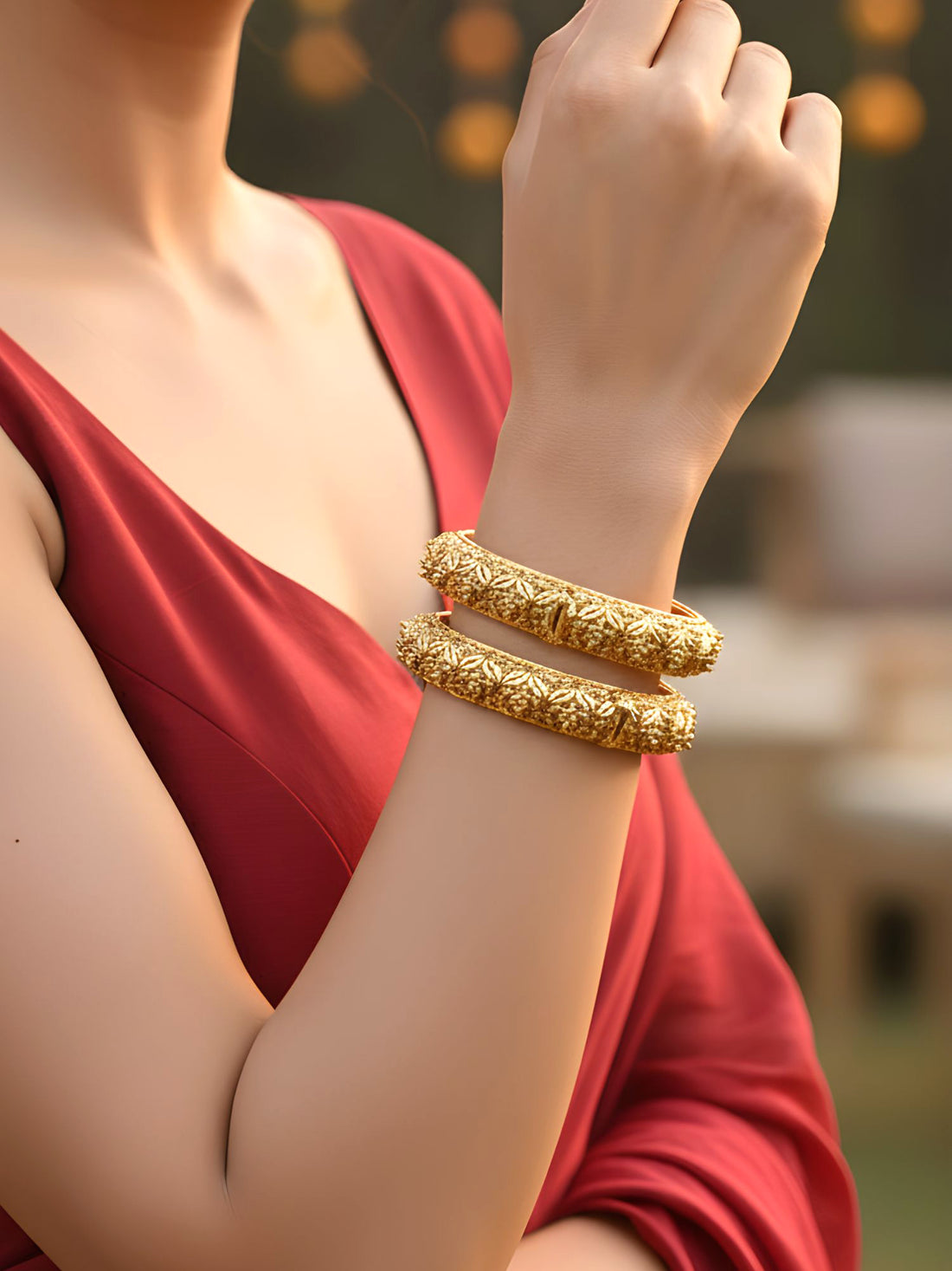 Karatcart Set of 2 Antique Floral Rajwadi Gold Plated Temple Bangles for Women