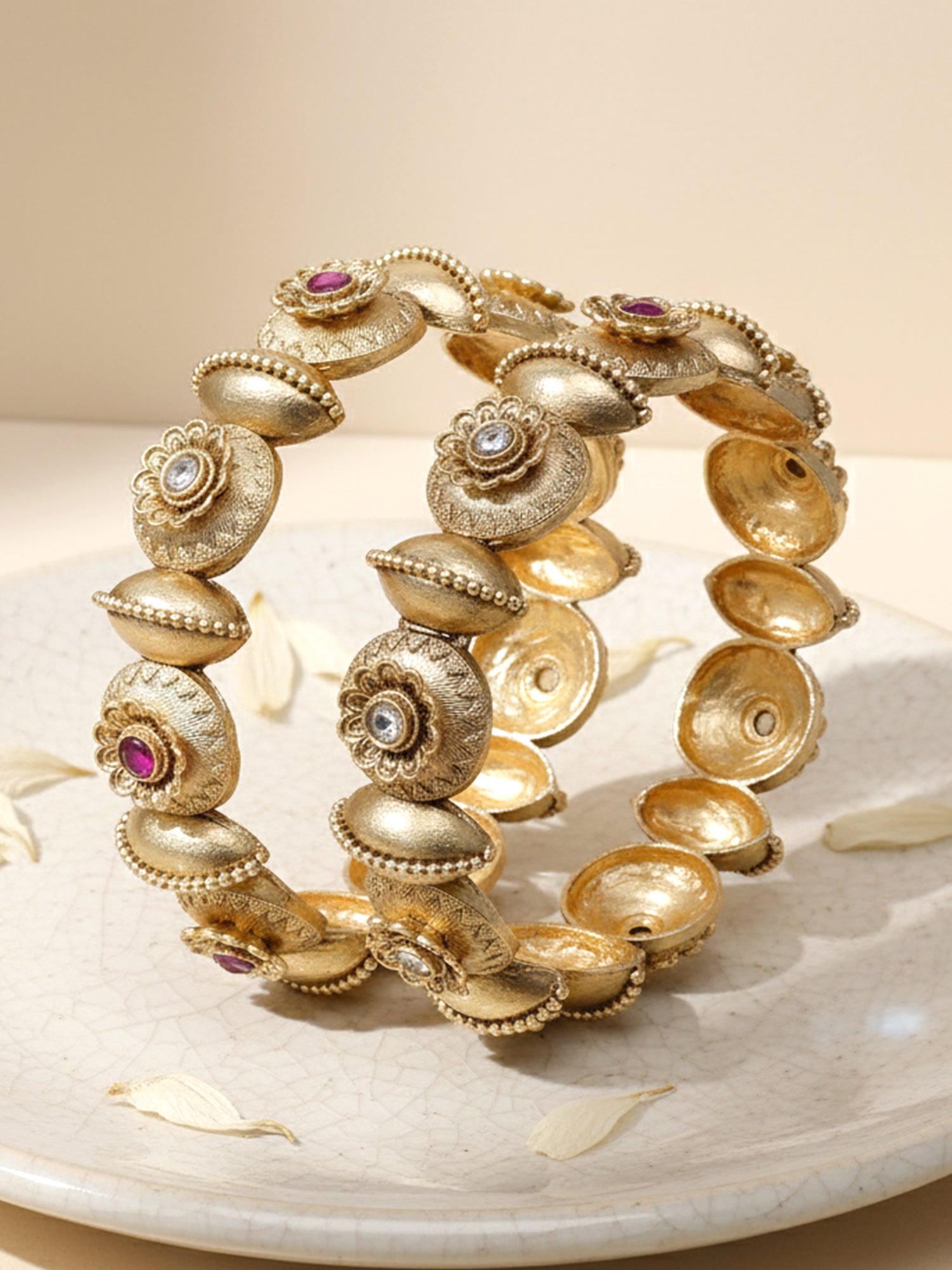 Karatcart Set of 2 Antique Temple Rajwadi Gold Plated Floral Bangles for Women