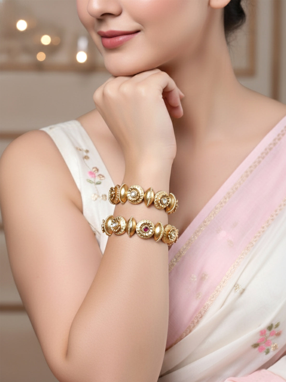 Karatcart Set of 2 Antique Temple Rajwadi Gold Plated Floral Bangles for Women