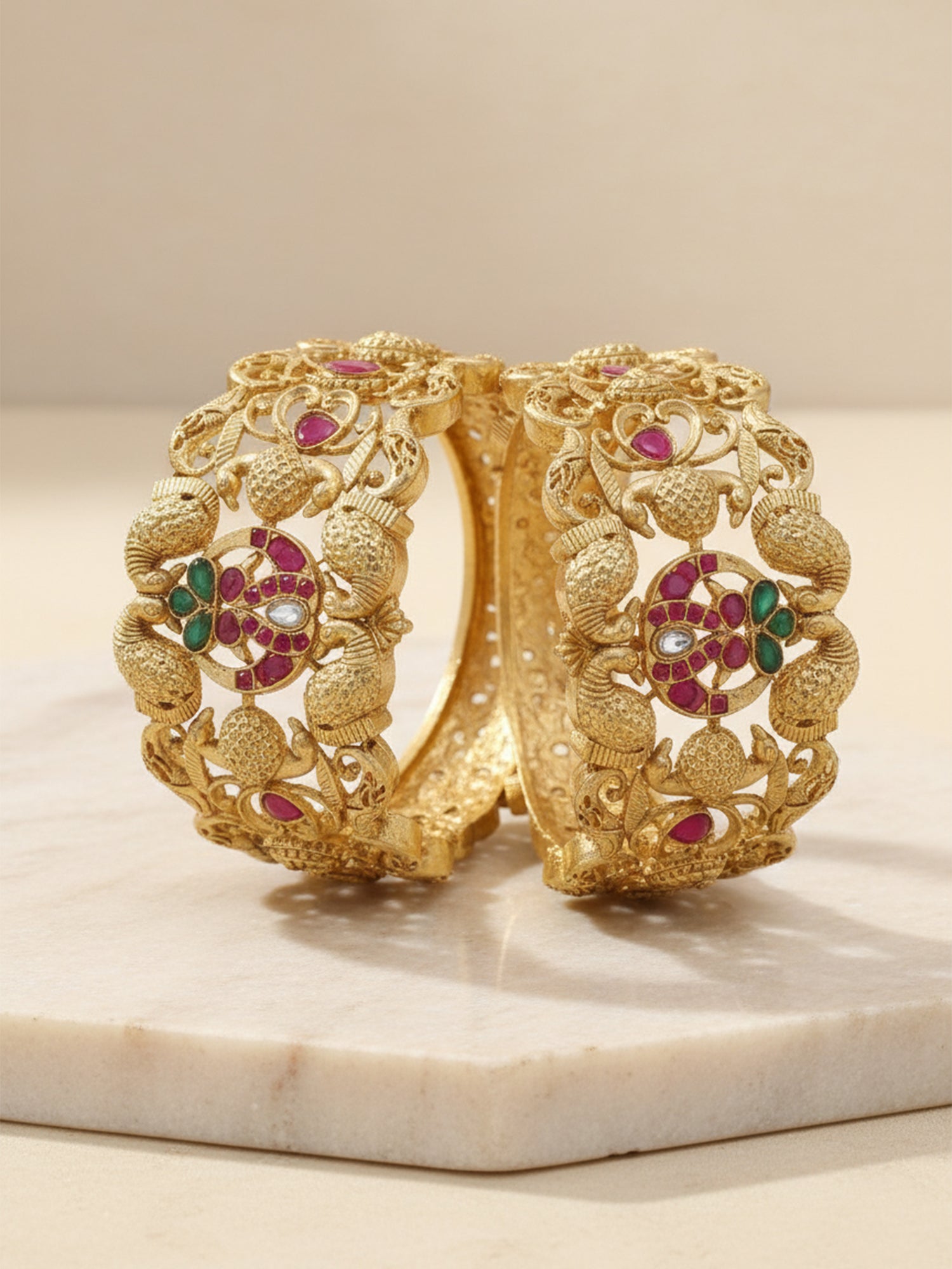 Karatcart Set of 2 Antique Gold Plated Peacock Design Rajwadi Temple Bangles for Women