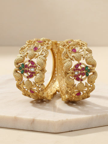 Karatcart Set of 2 Antique Gold Plated Peacock Design Rajwadi Temple Bangles for Women