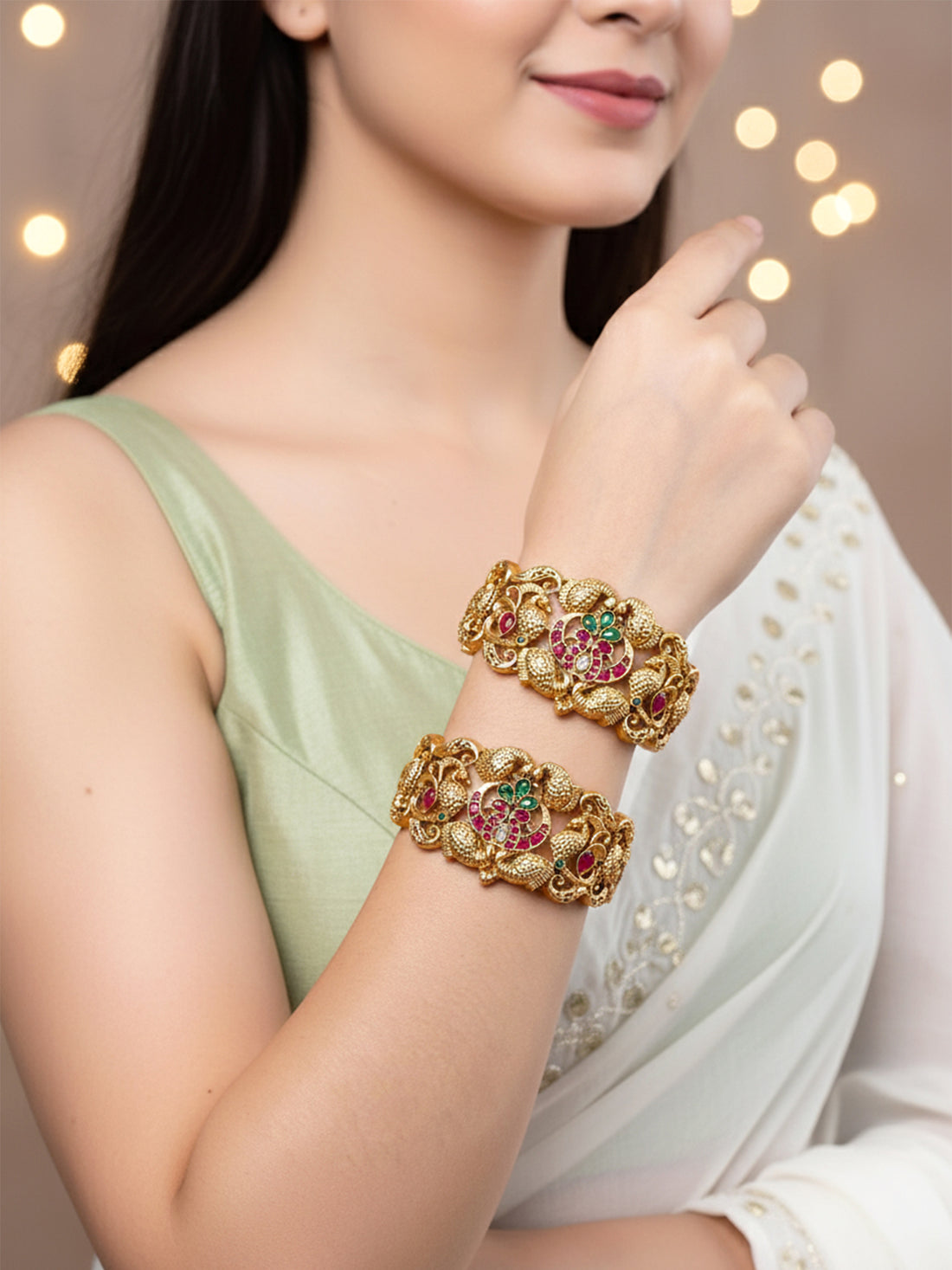 Karatcart Set of 2 Antique Gold Plated Peacock Design Rajwadi Temple Bangles for Women