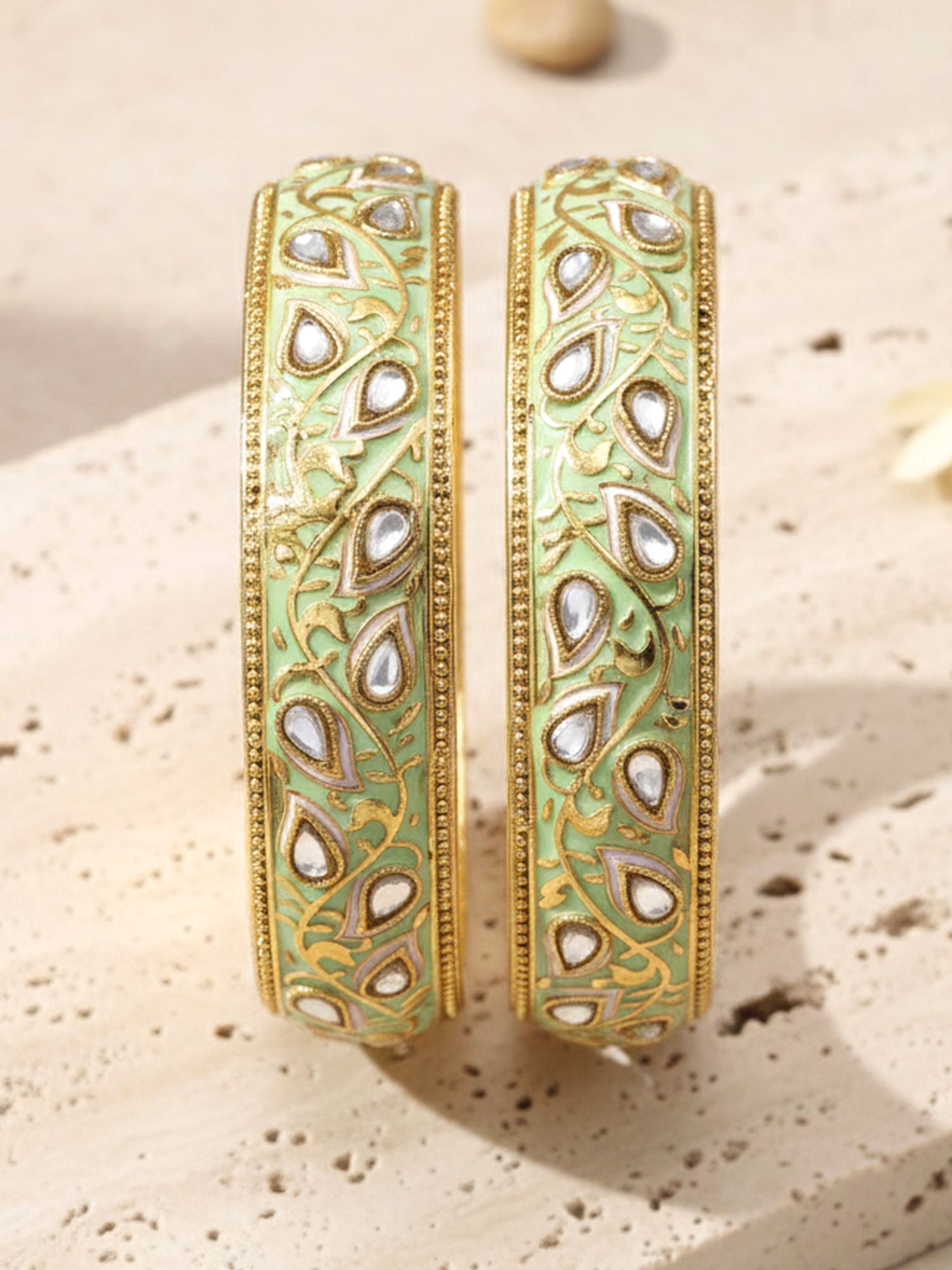 Karatcart Set of 2 Antique Light Green Meena Gold Plated Bangles for Women