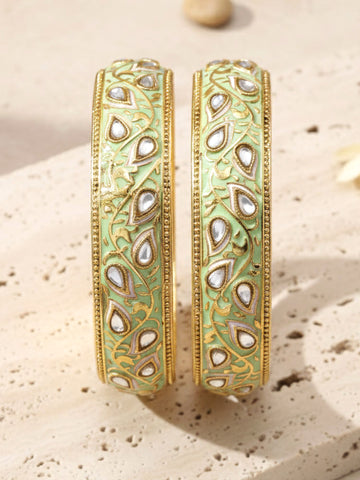 Karatcart Set of 2 Antique Light Green Meena Gold Plated Bangles for Women