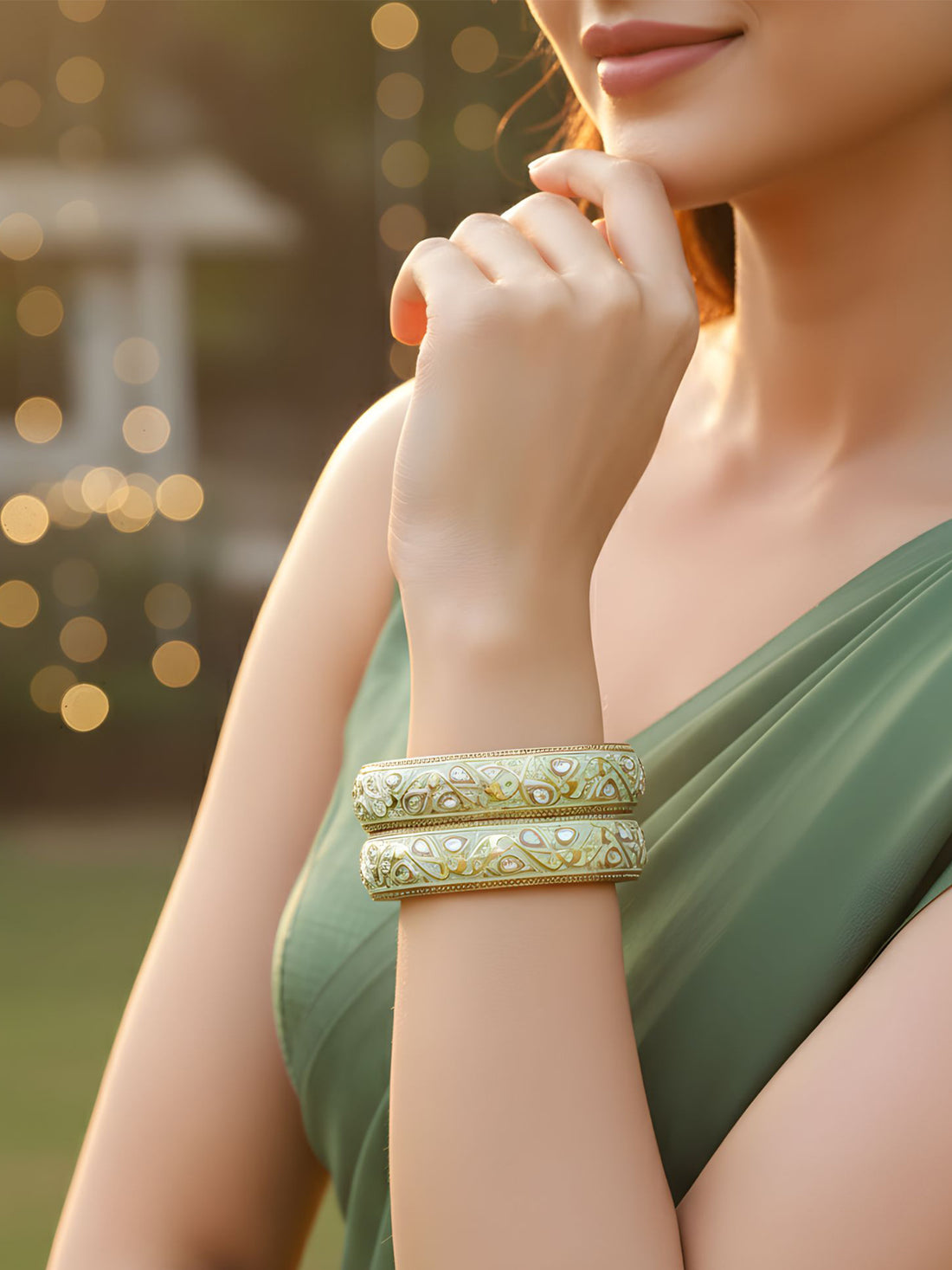 Karatcart Set of 2 Antique Light Green Meena Gold Plated Bangles for Women