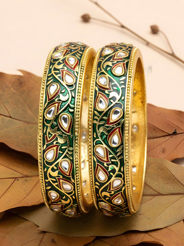 Karatcart Set of 2 Antique Green Meena Gold Plated Bangles for Women
