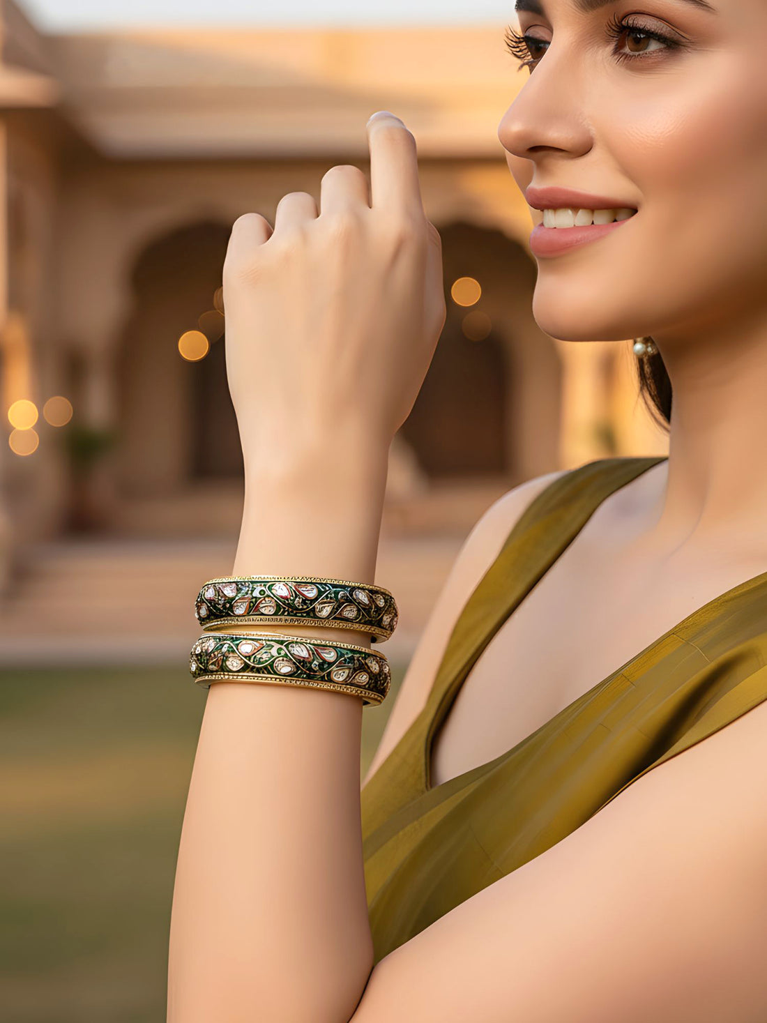 Karatcart Set of 2 Antique Green Meena Gold Plated Bangles for Women