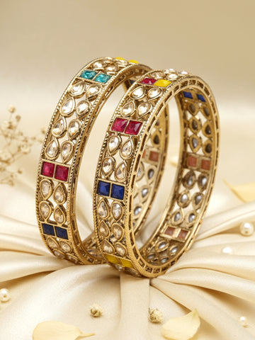Karatcart Set of 2 Antique Gold Plated Drop Shape Multicolor Stone Rajwadi Bangles for Women