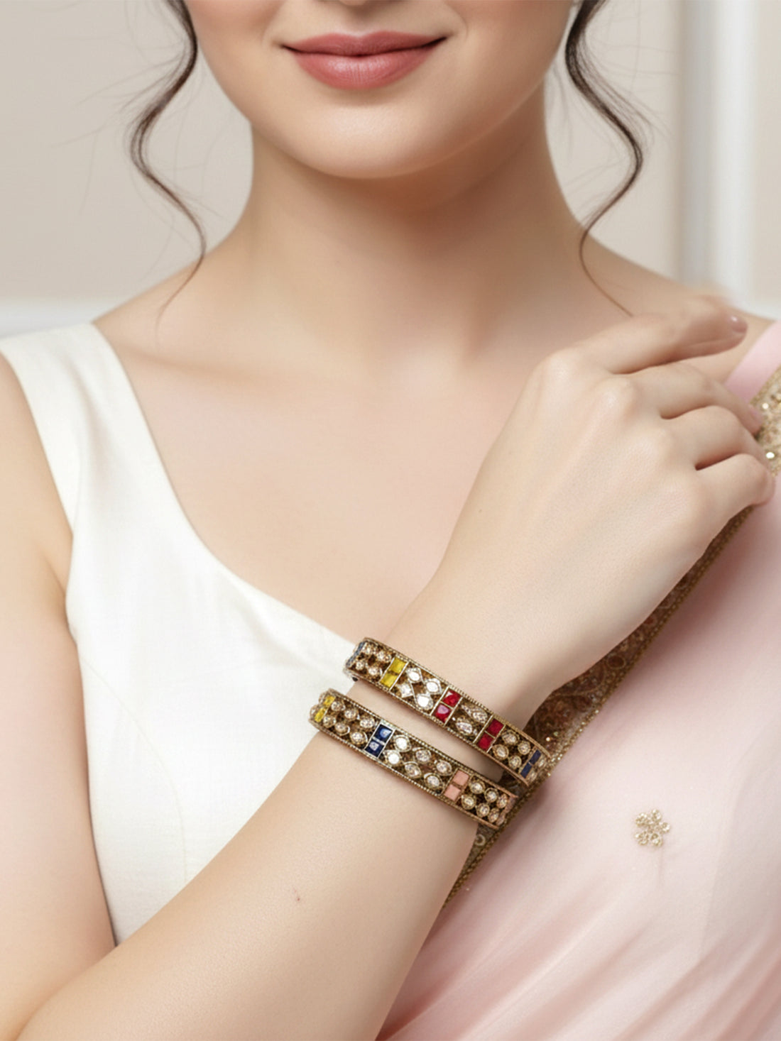 Karatcart Set of 2 Antique Gold Plated Drop Shape Multicolor Stone Rajwadi Bangles for Women